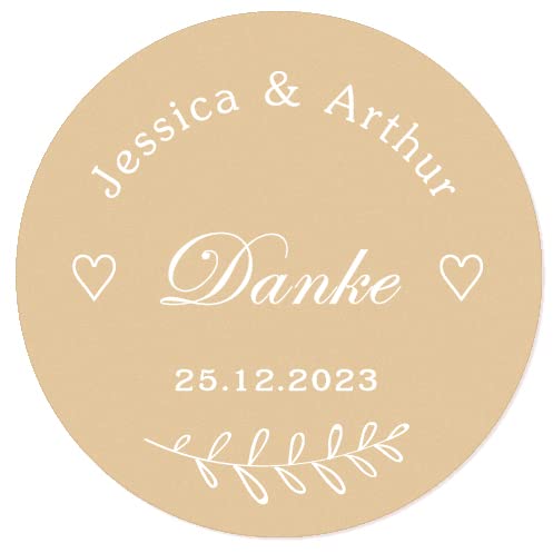 50 PERSONALISIERT Danke Aufkleber 40mm Gastgeschenk Sticker Etiketten zur Hochzeit Taufe Kommunion Konfirmation Feste Geburtstag Geschenk für Flaschen, Tüten - Rd 015 (006 Braun weiß) von eKunSTreet