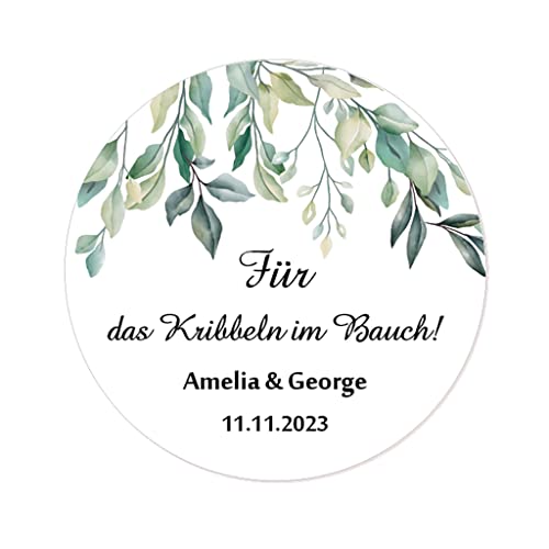 50 PERSONALISIERT "Für das Kribbeln im Bauch!" Hochzeit Aufkleber,4 cm Etiketten für Hochzeit Gastgeschenk,Tischdeko,Flaschen,Brausebonbons Tüten - Rd 093 (Eukalyptus) von eKunSTreet