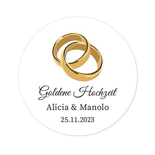 50 PERSONALISIERT Goldene Hochzeit Aufkleber, Goldene Ringe 40mm Runde Hochzeitsaufkleber Etiketten für Hochzeit,Gastgeschenk,50 Jahre Hochzeitstagfeier,Tüten,Flaschen - Rd 010 (001) von eKunSTreet