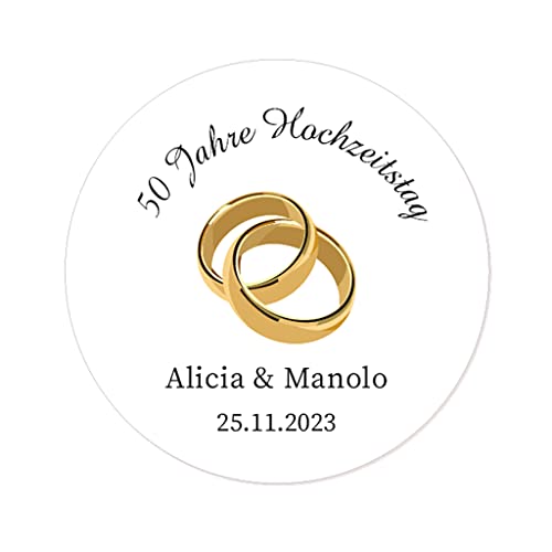 50 PERSONALISIERT Goldene Hochzeit Aufkleber, Goldene Ringe 40mm Runde Hochzeitsaufkleber Etiketten für Hochzeit,Gastgeschenk,50 Jahre Hochzeitstagfeier,Tüten,Flaschen - Rd 010 (002) von eKunSTreet