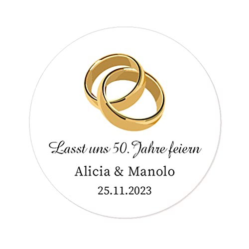 50 PERSONALISIERT Goldene Hochzeit Aufkleber, Goldene Ringe 40mm Runde Hochzeitsaufkleber Etiketten für Hochzeit,Gastgeschenk,50 Jahre Hochzeitstagfeier,Tüten,Flaschen - Rd 010 (003) von eKunSTreet