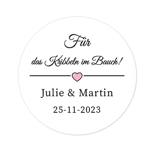 50 PERSONALISIERT Rosa Herz "Für das Kribbeln im Bauch!" Hochzeitssticker Aufkleber - 4 cm Runde Papieraufkleber Etiketten für Hochzeit,Gastgeschenk,Tischdeko,Flaschen,Tüten - Rd 053 (001) von eKunSTreet