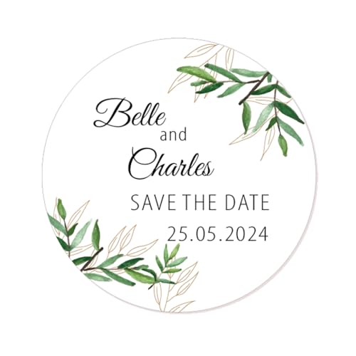 50 PERSONALISIERT Save the Date Aufkleber 40mm Runde Hochzeitsaufkleber Etiketten für Hochzeit Engagement Feier Einladung Briefumschläge - Rd 801 (04 Grüner Baum) von eKunSTreet