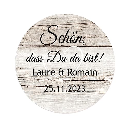 50 PERSONALISIERT WOODEN EFFECT Aufkleber -Schön, dass Du da bist! Stickers,4cm rund Hochzeitssticker Etiketten für Hochzeit,Taufe,Gastgeschenke, Tischdeko,Tüten,Flaschen,Briefen,Einladungen -Rd 076 von eKunSTreet