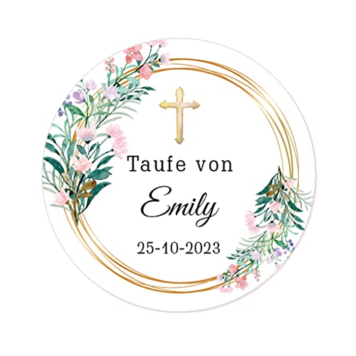 50 PERSONALISIERT Zur heiligen Taufe Aufkleber - Taufe/Geburt/Kommunion Sticker,40mm Blume und goldenes Kreuz Etiketten für Gastgeschenk,Tischdeko,Flaschen,Tüten,Einladungen - Rd 360 (006) von eKunSTreet