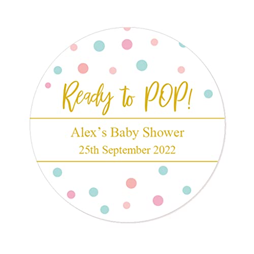 50 STICKER PERSONALISIERT BABY SHOWER Aufkleber - Ready to POP! Schwangerschaft Party Geschenk Etiketten 40mm About to Pop Popkorn Tüten Aufkleber Babyparty Gastgeschenk - Rd 355 (Golden) von eKunSTreet