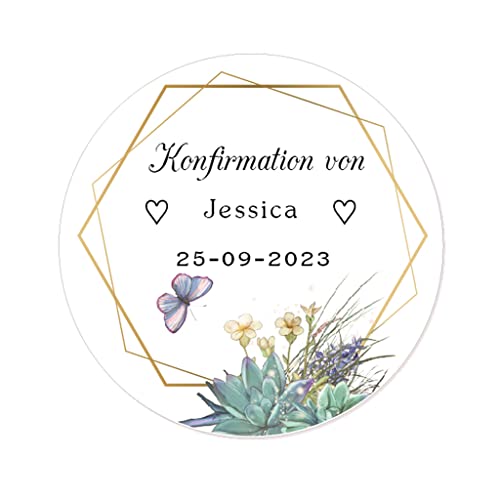 50 STICKER PERSONALISIERT Konfirmation Aufkleber Blumenkranz Gastgeschenk Sticker 40MM Danke Etiketten zur Taufe Geburt Kommunion Geschenk Tüten Flaschen - Rd 359 (002) von eKunSTreet