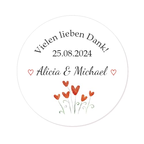 50 STICKER Vielen lieben Dank! PERSONALISIERT Jeder Text Aufkleber 40mm Etiketten zur Hochzeit Taufe Kommunion Geburtstag Gastgeschenke - Rd 651 (09 Herz) von eKunSTreet