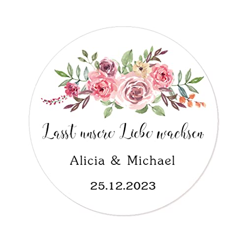 50 STICKERS Blumen PERSONALISIERT 'Lasst unsere Liebe wachsen' Hochzeit Aufkleber, 40mm Runde Liebe Saat/Blumensamen Etiketten für Hochzeit,Taufe,Konfirmation,Gastgeschenk,Tüten - Rd 281 (001) von eKunSTreet