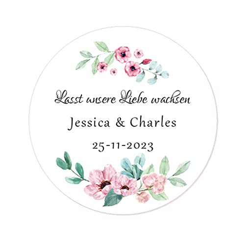 50 STICKERS Blumen PERSONALISIERT 'Lasst unsere Liebe wachsen' Hochzeit Aufkleber, 40mm Runde Liebe Saat/Blumensamen Etiketten für Hochzeit,Taufe,Konfirmation,Gastgeschenk,Tüten - Rd 281 (008) von eKunSTreet