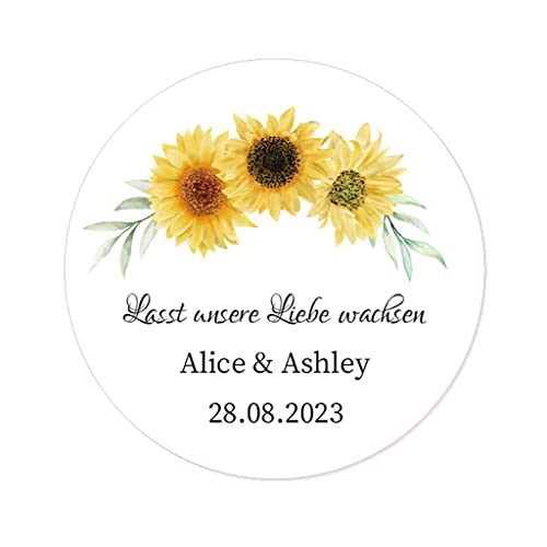 50 STICKERS PERSONALISIERT Hochzeit Aufkleber - Lasst unsere Liebe wachsen 40mm Runde SONNENBLUME Etiketten für die Hochzeit,Taufe,Geburtstag,Konfirmation,Gastgeschenk,Tüten - Rd 049 (001) von eKunSTreet