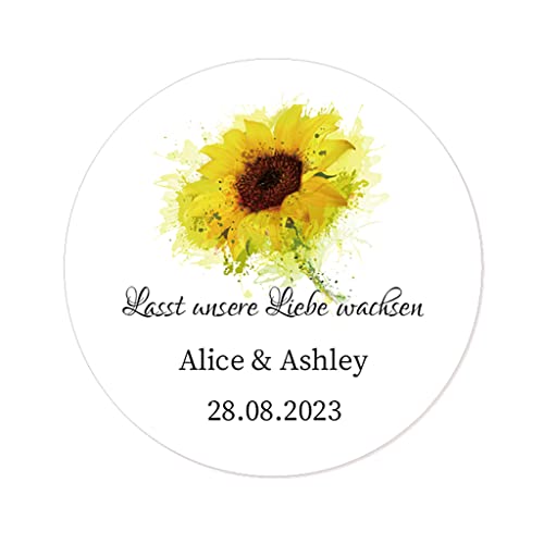 50 STICKERS PERSONALISIERT Hochzeit Aufkleber - Lasst unsere Liebe wachsen 40mm Runde SONNENBLUME Etiketten für die Hochzeit,Taufe,Geburtstag,Konfirmation,Gastgeschenk,Tüten - Rd 049 (002) von eKunSTreet