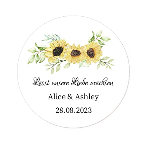 50 STICKERS PERSONALISIERT Hochzeit Aufkleber - Lasst unsere Liebe wachsen 40mm Runde SONNENBLUME Etiketten für die Hochzeit,Taufe,Geburtstag,Konfirmation,Gastgeschenk,Tüten - Rd 049 (003) von eKunSTreet