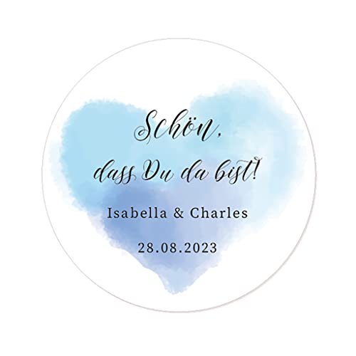 50 Schön, dass du da bist Stickers PERSONALISIERT Hochzeit Aufkleber,mit Namen und Datum für Gastgeschenke Hochzeit Verlobung Taufe Geburtstag Kommunion - Rd 078 (Aquarell blau) von eKunSTreet