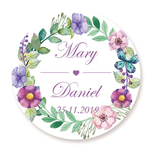 50 Stück PERSONALISIERT Aufkleber 4cm rund Aquarell Blumenkranz Hochzeitssticker Papieraufkleber für Hochzeit Gastgeschenke, Etiketten für Tischdeko,Tüten, Briefen, Einladungen - Rd 258 von eKunSTreet