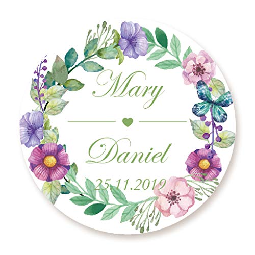 50 Stück PERSONALISIERT Aufkleber 4cm rund Aquarell Blumenkranz Hochzeitssticker Papieraufkleber für Hochzeit Gastgeschenke, Etiketten für Tischdeko,Tüten, Briefen, Einladungen - Rd 258 von eKunSTreet