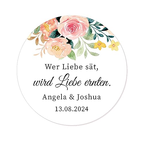 50 Wer Liebe sät, wird Liebe ernten Etiketten PERSONALISIERT Hochzeit Aufkleber 40mm Gastgeschenke für Hochzeit Taufe Geburst - Rd 102 (002) von eKunSTreet