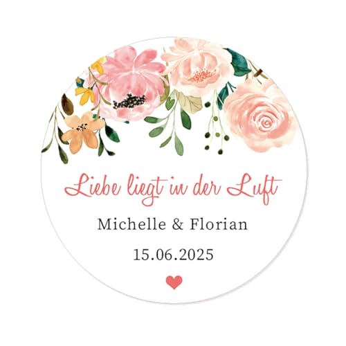 50x Liebe liegt in der Luft Aufkleber PERSONALISIERT 40mm Sticker Gastgeschenk Etiketten Hochzeit Verlobung Geburtstag Taufe, für Seifenblasen Verpackungen/Luftballons Dekoration - Rd 671 (08) von eKunSTreet