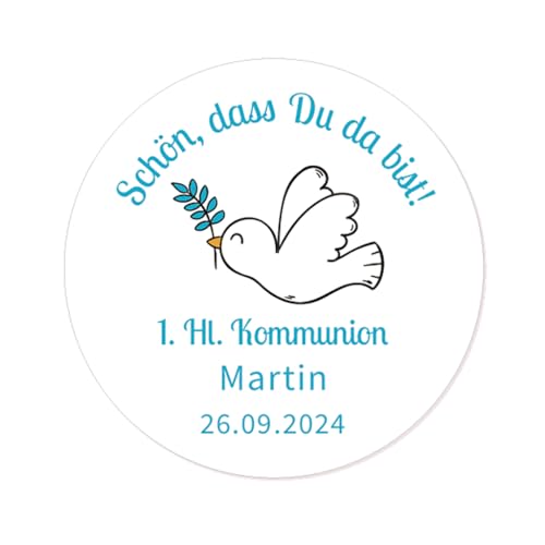 50x STICKER Erstkommunion PERSONALISIERT 1. Heilige Kommunion Aufkleber zur Kommunion Taufe Konfirmation Geburtstag Gastgeschenke Tüten Etiketten - Taube Kreuz und Blume - Rd 652 (001) von eKunSTreet