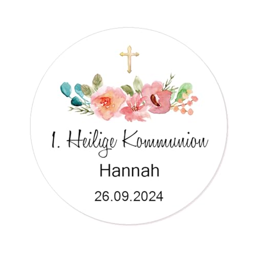 50x STICKER Erstkommunion PERSONALISIERT 1. Heilige Kommunion Aufkleber zur Kommunion Taufe Konfirmation Geburtstag Gastgeschenke Tüten Etiketten - Taube Kreuz und Blume - Rd 652 (006) von eKunSTreet