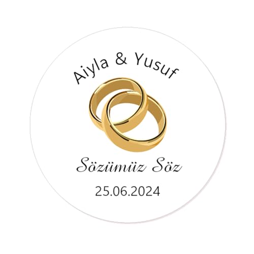 50x Sözümüz Söz Aufkleber PERSONALISIERT Ihr Text Hochzeitssticker 40mm für Türkische Hochzeit Gastgeschenke Etiketten - Rd 670 (01 Eheringe) von eKunSTreet