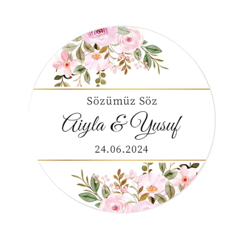 50x Sözümüz Söz Aufkleber PERSONALISIERT Ihr Text Hochzeitssticker 40mm für Türkische Hochzeit Gastgeschenke Etiketten - Rd 670 (06 Rose) von eKunSTreet