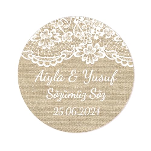 50x Sözümüz Söz Aufkleber PERSONALISIERT Ihr Text Hochzeitssticker 40mm für Türkische Hochzeit Gastgeschenke Etiketten - Rd 670 (07 Sackleinen) von eKunSTreet