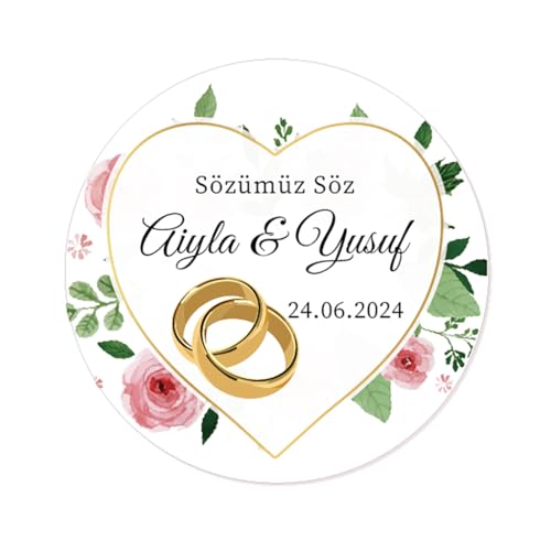 50x Sözümüz Söz Aufkleber PERSONALISIERT Ihr Text Hochzeitssticker 40mm für Türkische Hochzeit Gastgeschenke Etiketten - Rd 670 (08 Goldenes Herz) von eKunSTreet