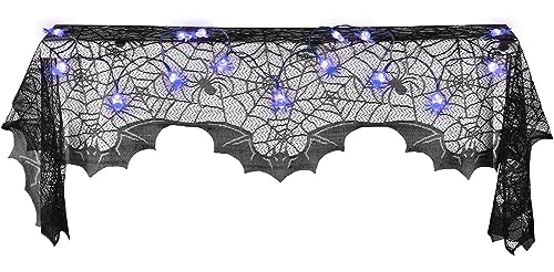 Halloween Deko, Schwarze Spitze Spiderweb mit 20 Lila Spinne LED, Leuchten Kaminmantel Schal Cover, Halloween Türvorhang Deko 45 x 243cm von eLander