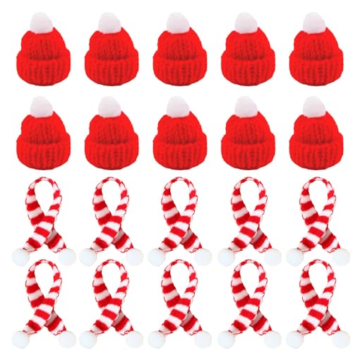 20 Stück Mini Weihnachtsmütze und Schal Set,Mini-Strickmütze des Weihnachten für Weinflasche Abdeckung, Puppenhaus Dekoration,Weihnachtsfeiern Zubehör von eModwey