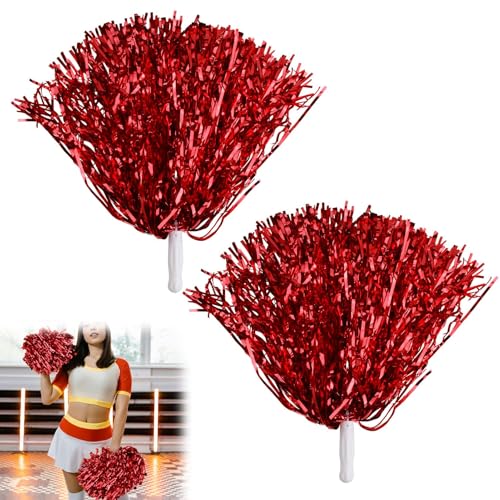 eModwey Cheerleader Pom Poms, 2 Stück Rot Pom Poms aus Metallfolie, Pompons, Handblumen für Sportveranstaltungen, Tanz und Nachtpartys, Robust und Lebhaft von eModwey