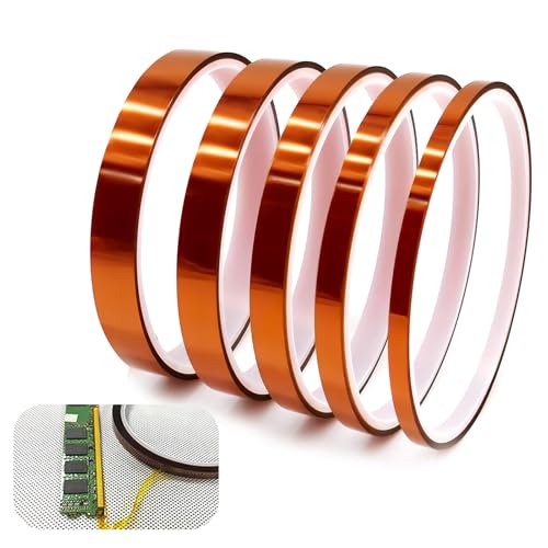 eModwey 5er Pack Kapton Tape,Hitzebeständig Klebeband,Hochtemperaturbeständiges Klebeband für Elektronik und Automobilindustrie, Polyimid Film Klebeband(3mm/6mm/8mm/10mm/12mm*33m) von eModwey