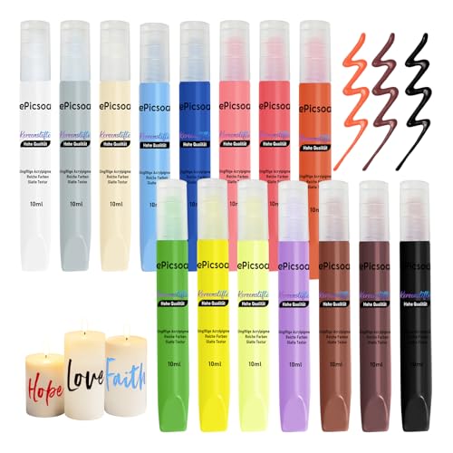 ePicsoa 15 Stück Kerzenstifte, 15 Farben 10ml Wachsstifte für Kerzen, Candle Pen Kerzenfarbe Kerzenpen, Kerzen Bemalen Set Ideal zum Anmalen, Verzieren & Personalisieren von ePicsoa