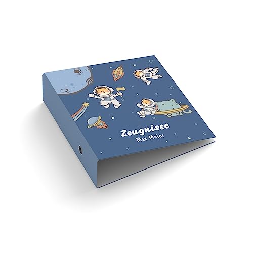 Ringordner | Ordner | mit Name + Text personalisieren | Astronaut | Weltall | Zeugnisse | Mit Griffloch | für DIN A4 | 7,4 cm breit | Zeugnismappe | blau von easyprint