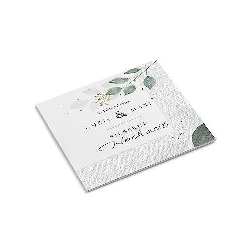 Servietten personalisiert mit Wunschtext | Silberne Hochzeit | Blätter grün | 330 x 330 mm | Feier | Jubiläum | Tischdeko | Papierservietten | Menge wählbar (120 Stück) von easyprint