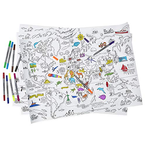 eatsleepdoodle Geschenkpapier zum Ausmalen mit Weltkarte, 3 große Bögen zur Verwendung als pädagogische Ausmalaktivität oder Geschenkpapier, Weltkarte zum Ausmalen von eatsleepdoodle