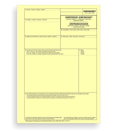 100 x Durchschrift zum Ursprungszeugnis 1-teilig, Einzelblatt/gelbe Kopie für Laser- und Inkjetdrucker (DIN A4) von ebs Versand