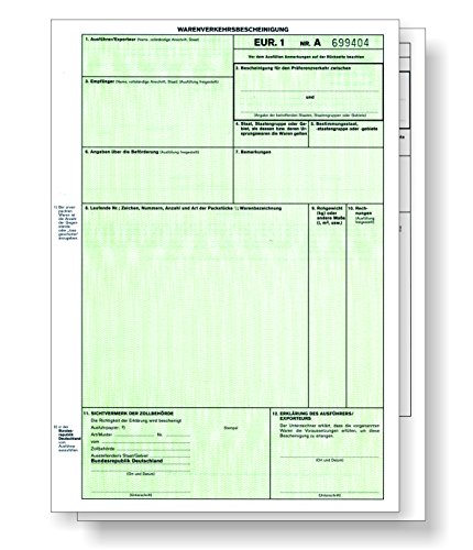 100 x EUR.1 / EUR1 Warenverkehrsbescheinigung 2-teilig für Laser- und Inkjetdrucker, Einzelblätter DIN A4 lose im Wechsel von ebs Versand