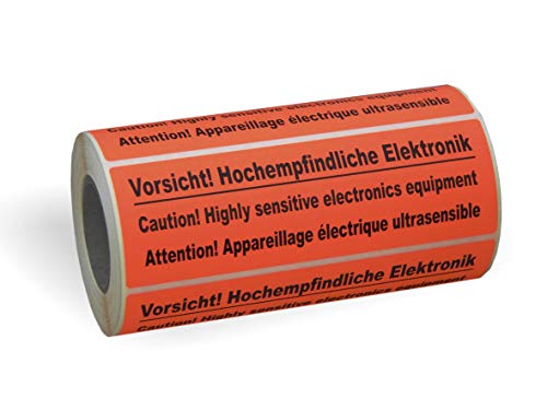 Warnetiketten "Vorsicht! Hochempfindliche Elektronik" 149 x 48 mm - 500 Stk. auf Rolle - leuchtrot fluoreszierend - stark haftend, Hinweisetiketten, Versandetiketten, Signaletiketten rot von ebs Versand