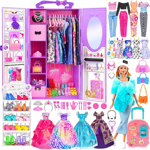 107pcs 11.5 Zoll Mädchen Puppe mit Kleidung Zubehör und Schrank, Gepäck, Schal mit Kleid, Prinzessin Kleider, Mode Kleider, Outfits, Schuhe... Puppe Dress Up Spielzeug für Mädchen (einschließen Puppe) von ebuddy