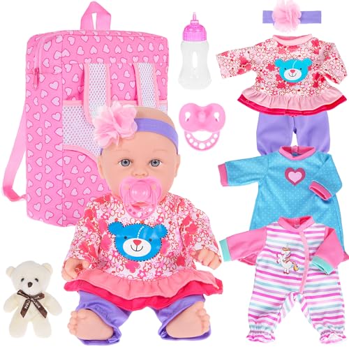 30cm / 12 Zoll Baby Puppe mit Backbag, DREI Kleidung Set, Brustwarze, Futterflasche und EIN Spielzeugbär (inklusive Puppe) von ebuddy