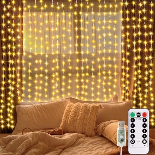 300 LED lichtervorhang 3x3m, USB lichterketten Vorhang mit Fernbedienung Timer Weihnachten LED Lichterkette mit Haken für Hochzeit Innen und außen Deko (Warmweiß) von echosari