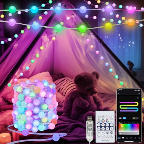 Smart Lichterkette Kugel, 10M RGB integrierter Chip LED Lichterketten mit App und Fernbedienun Musik und Mikrofon Sync für die Garten Party außen Deko von echosari