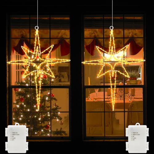 echosari 2 Stück Bethlehem LED Stern Fensterlichter Batterie, 120 LEDs Hängende weihnachtsdeko fenster mit Timer Metall Weihnachtsstern Lichtervorhang Dekorationen Innen und Außenbereich Warmweiß von echosari