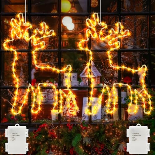 echosari 2 Stück Rentier LED Fensterdeko Weihnachten Batterie, 120 LEDs Hängende weihnachtsmann lichterkette mit Timer Metall Rentier Vorhang lichterkette Innen und Außenbereich Warmweiß von echosari