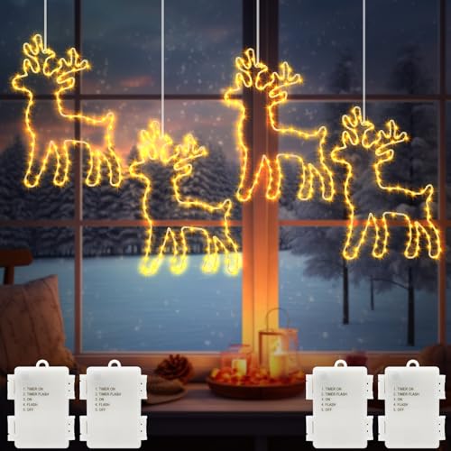 echosari 4 Stück Rentier LED Fensterdeko Weihnachten Batteriebetrieben, 240 LEDs Hängende weihnachtsmann lichterkette mit Timer Metall Rentier Vorhang lichterkette Innen und Außenbereich Warmweiß von echosari