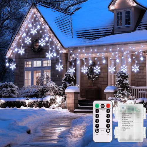 echosari Batterie Weihnachten Schneeflocke Fensterlichter, 138 LED Vorhang Lichterkette mit Fernbedienung Timer Vorhang Eiszapfen Lichter Wasserdicht Indoor Outdoor Dekor für Weihnachten Schlafzimmer von echosari