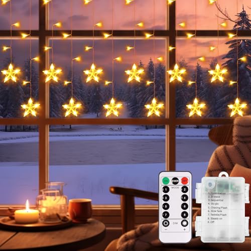 echosari Weihnachtsstern-Fensterlichter mit Fernbedienung, 3,5 m warmweiß, batteriebetrieben, Lichterkette, Timer, wasserdicht, Vorhang-Hängeleuchten für Weihnachten, Neujahr, Veranda, Schlafzimmer von echosari