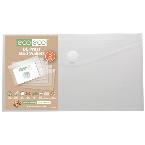 eco-eco DL 95% recycelte Klarsichthülle mit Druckknopf, Kunststoff-Ordner (5 Stück), eco156 von eco-eco