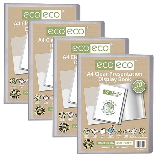 eco-eco Präsentationsbuch, A4, 50% recycelt, 10 Taschen, transparent, Aufbewahrungsbox, Portfolio-Kunstmappe mit Kunststoffhüllen, 4 Stück, eco125 x 4 von eco-eco stationery limited